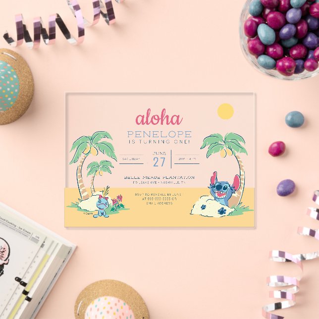 Invitations En Acrylique Lilo et Stitch Tropical Beach 1er anniversaire (Insitu (Célébration))