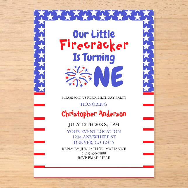 Invitations En Acrylique Little Firecracker 1er anniversaire (Recto)
