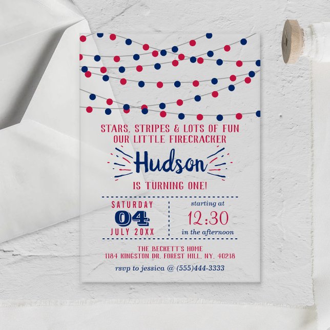 Invitations En Acrylique Little Firecracker 4 juillet 1ère fête d'anniversa (Créateur téléchargé)