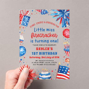 Invitations En Acrylique Little Miss Firecracker 4 juillet 1er anniversaire