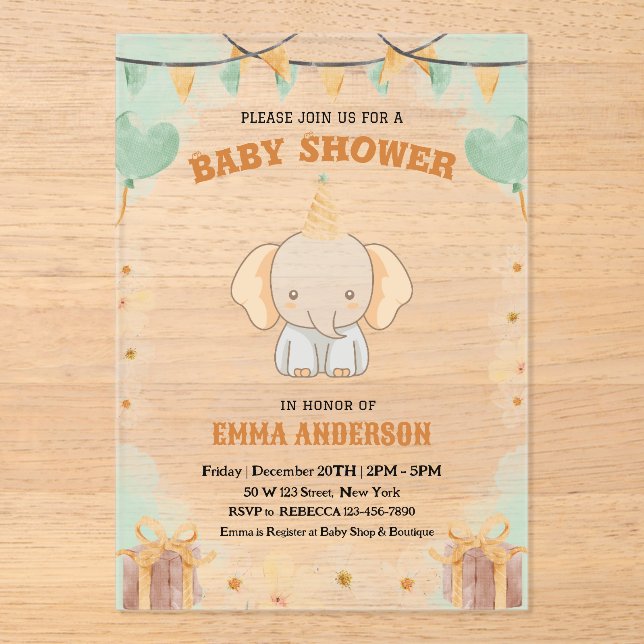 Invitations En Acrylique Little Peanut Dreams - Baby shower d'éléphants (Recto)