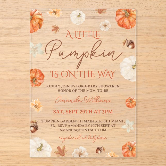 Invitations En Acrylique Little Pumpkin Floral Fall Baby Shower (Recto)
