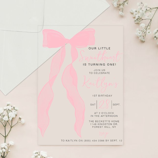 Invitations En Acrylique Little Sweetheart Elegant Pink Bow Birthday Party (Créateur téléchargé)