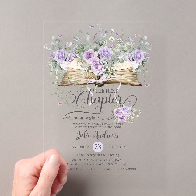 Invitations En Acrylique Livre Floral Violet Lilac Chapitre suivant (In situ (ordinateur de poche))