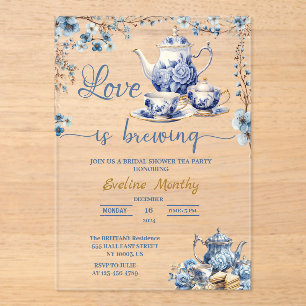 Invitations En Acrylique Love Is Brewing Party Delft Bleu Floral Chinoiseri