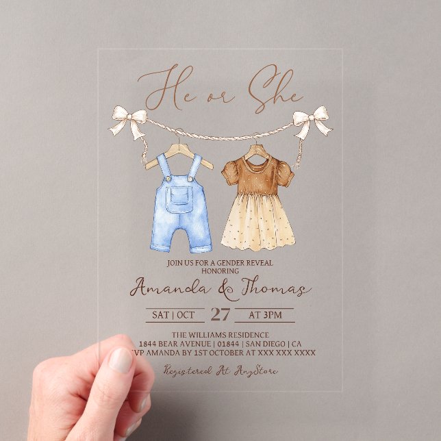 Invitations En Acrylique Lui ou elle Bébé Vêtements Révélation de genre (In situ (ordinateur de poche))