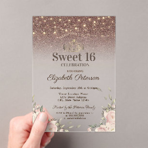 Invitations En Acrylique Lumières, Fleurs Roses Brillant Sweet 16