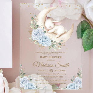 Invitations En Acrylique Lune de Lapin Douce Bleue Florale Fête Prénatale d