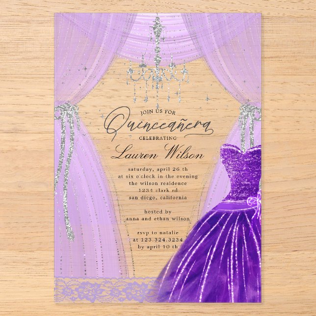 Invitations En Acrylique Lustre violet luxueux Sparkle Quinceanera (Recto)