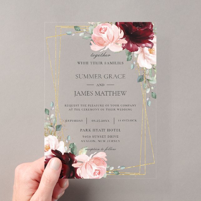 Invitations En Acrylique Luxe Bourgogne Blush Roses Rose Mariage Floral (In situ (ordinateur de poche))