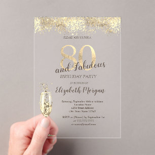 Invitations En Acrylique Luxe Champagne Verre Or Confetti 80e anniversaire