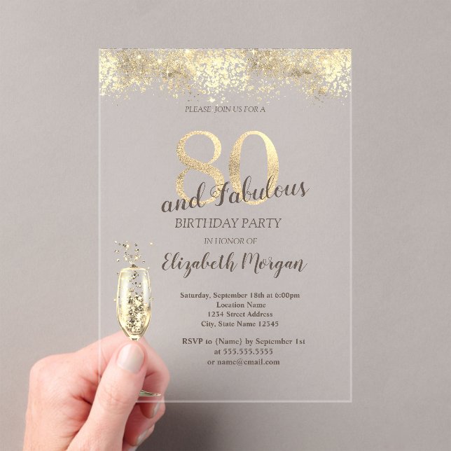 Invitations En Acrylique Luxe Champagne Verre Or Confetti 80e anniversaire (In situ (ordinateur de poche))