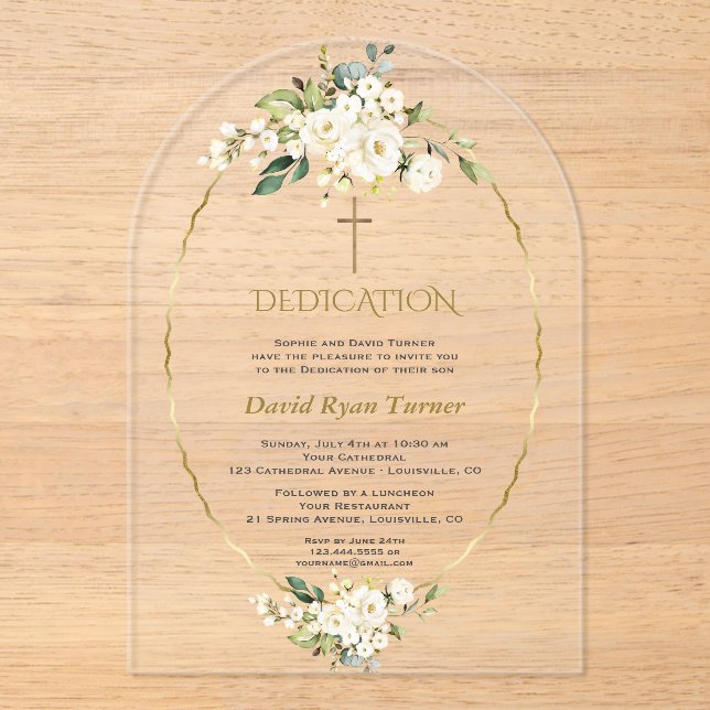 Invitations En Acrylique Luxe Fleurs blanches Gold Boy Dedication (Recto)