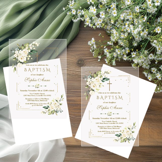 Invitations En Acrylique Luxe Fleurs Blanches Parties scintillant Or Cadre  (Créateur téléchargé)
