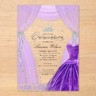 Invitations En Acrylique Luxueuse princesse violette Sparkle Quinceanera
