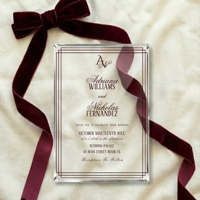 Invitations En Acrylique Luxury Burgundy Monogram Wedding (Créateur téléchargé)