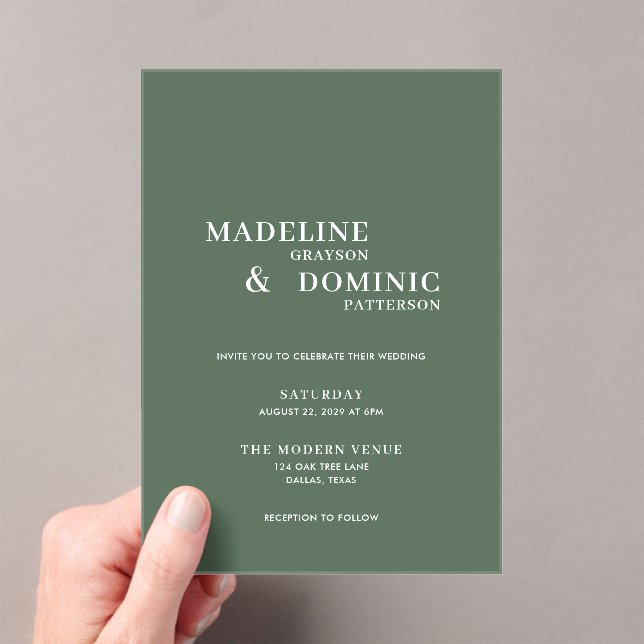 Invitations En Acrylique Madeline Forest Green Simple Mariage moderne (In situ (ordinateur de poche))