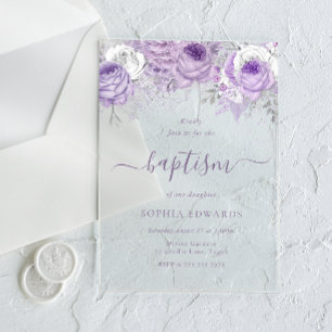 Invitations En Acrylique Magnifiques fleurs lavande violettes pour baptême
