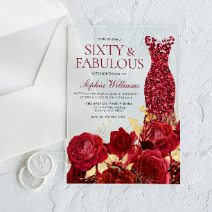 Invitations En Acrylique Magnifiques Roses de robe rouge Feuille d'or 60e A