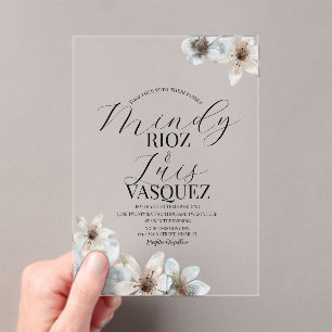 Invitations En Acrylique Magnolia Floral Aquarelle Écriture de Mariage Noir