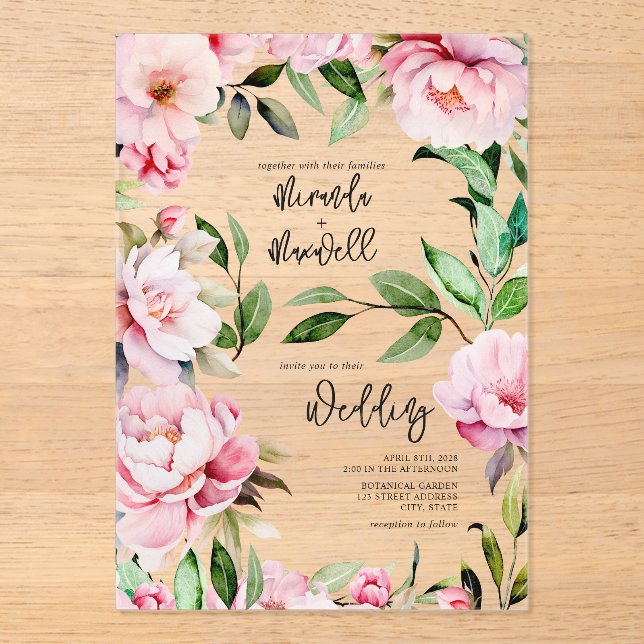 Invitations En Acrylique Magnolia Peony Mariage d'aquarelle rose (Recto)