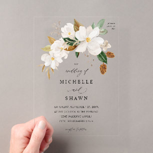 Invitations En Acrylique Magnolia White Floral Mariage