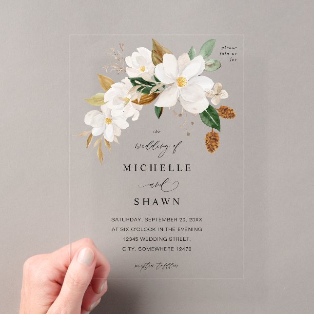 Invitations En Acrylique Magnolia White Floral Mariage (In situ (ordinateur de poche))