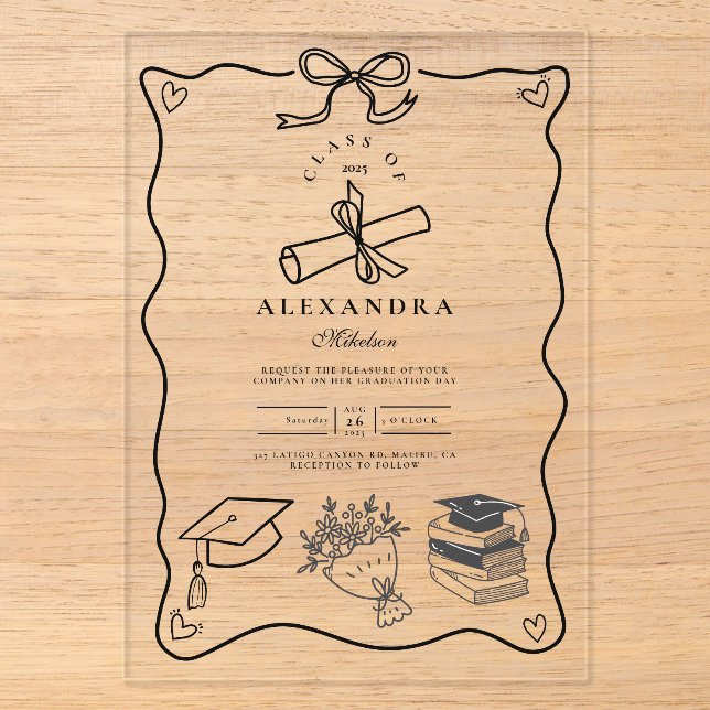 Invitations En Acrylique Main dessinée Illustrée noir & blanc Grad (Recto)