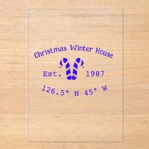 Invitations En Acrylique Maison de Noël hivernale cannes de bonbon bleues é
