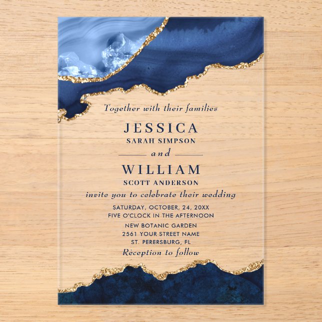Invitations En Acrylique Marbre bleu marine moderne Mariage d'âge (Recto)