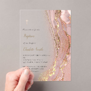 Invitations En Acrylique marbre rose   Baptême