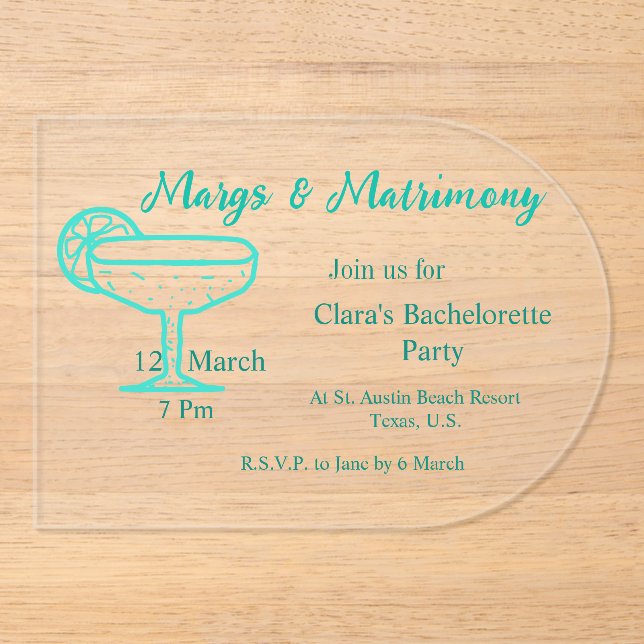 Invitations En Acrylique Marges turquoise & Mariage Tequila célibataire en  (Recto)