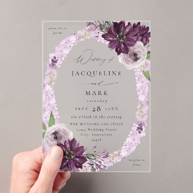 Invitations En Acrylique Mariage à anneaux floraux violet et lavande V2 (In situ (ordinateur de poche))