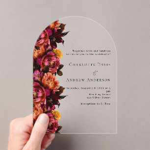 Invitations En Acrylique Mariage à arc fleuri de pêche rose bordeaux