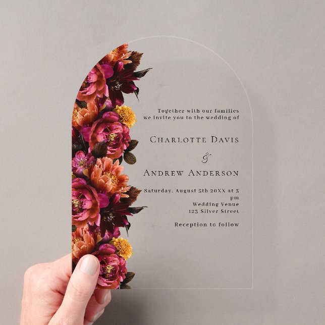Invitations En Acrylique Mariage à arc fleuri de pêche rose bordeaux (In situ (ordinateur de poche))