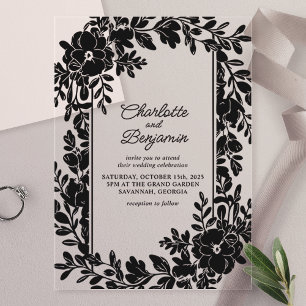 Invitations En Acrylique Mariage à bordure florale élégante noire