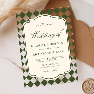 Invitations En Acrylique Mariage à carreaux vert olive ivoire à l'ancienne