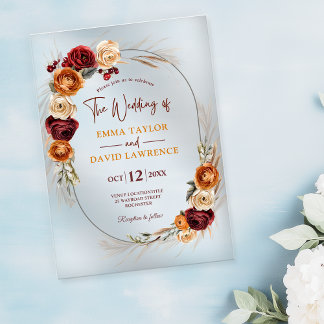 Invitations En Acrylique Mariage à fleurs chic en terre cuite orange