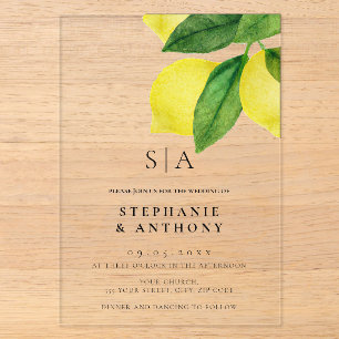Invitations En Acrylique Mariage à la branche de citron Monogramme     