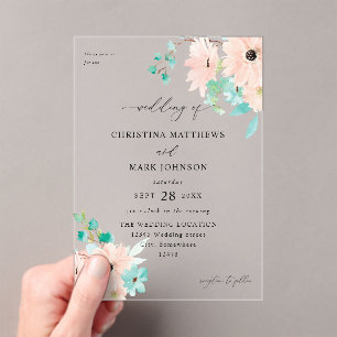 Invitations En Acrylique Mariage à la menthe verte et rose