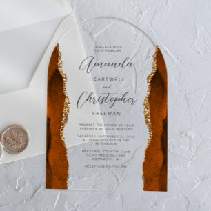 Invitations En Acrylique Mariage à l'Arche en écriture Agate Or Orange Brûl