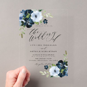 Invitations En Acrylique Mariage à l'écriture florale bleu marine et bleu c