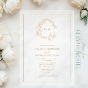 Invitations En Acrylique Mariage à monogramme avec blason doré et feuillage