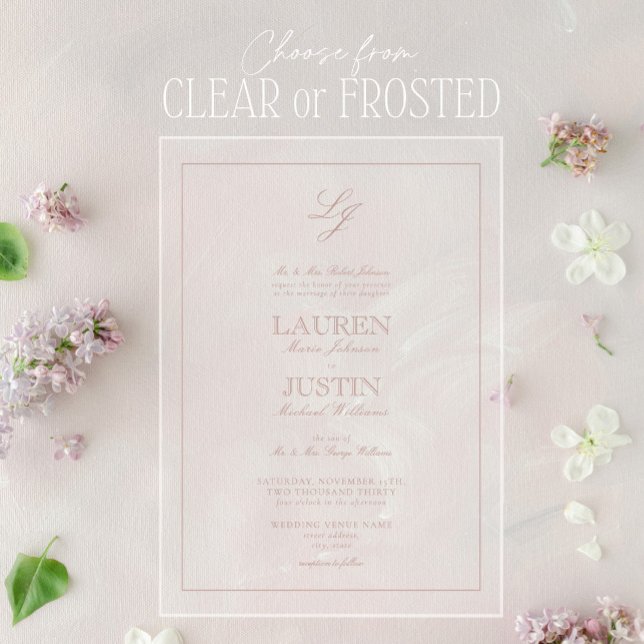 Invitations En Acrylique Mariage à monogramme classique en rose poudré écri (Créateur téléchargé)