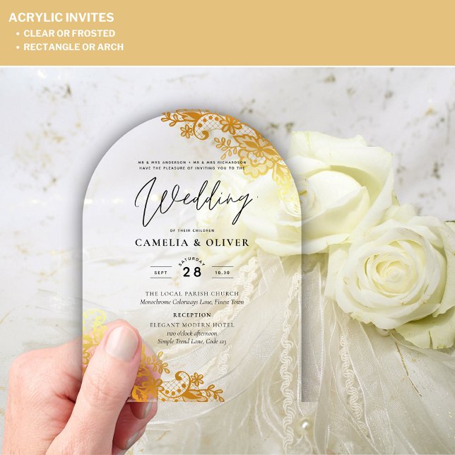 Invitations En Acrylique Mariage ACRYLIQUE Invite Gold Lace Elegant Clear (Créateur téléchargé)