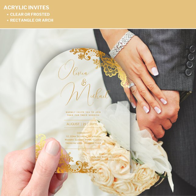 Invitations En Acrylique Mariage ACRYLIQUE Invite Gold Text Lace Élégant (Créateur téléchargé)
