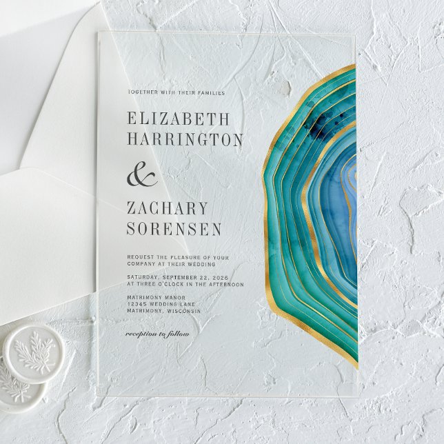 Invitations En Acrylique Mariage Aquarelle Agate Sarcelle Or (Créateur téléchargé)