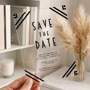 Invitations En Acrylique Mariage Art Déco Noir Géométrique Enregistrez la D