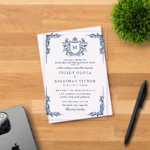 Invitations En Acrylique Mariage au Blason Vintage Bleu Monogramme