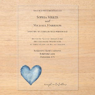 Invitations En Acrylique Mariage au coeur en jean en denim bleu
